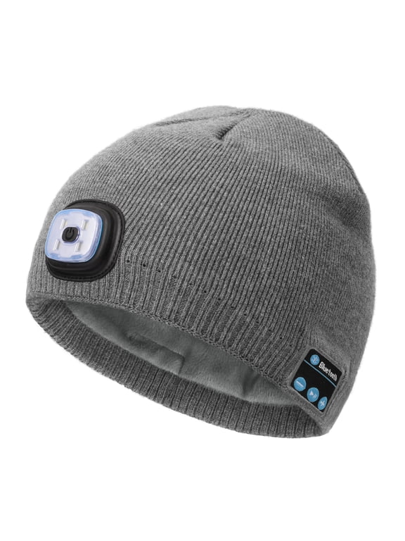 Fleece Lined Bluetooth Beanie with a Light, Musical Stocking Cap with Headphones and Speaker Mic, LED Bluetooth Beanie Cool Gadgets for Men (Gray)