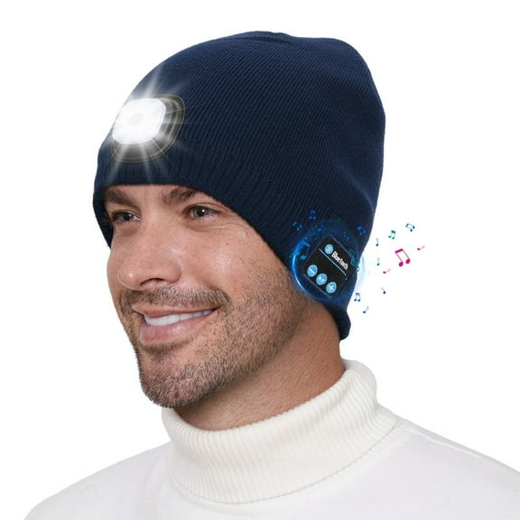 CENSGO Fleece Lined Bluetooth Beanie with a Light, Musical Stocking Cap with Headphones and Speaker Mic, LED Bluetooth Beanie Cool Gadgets for Men (Navy Blue)