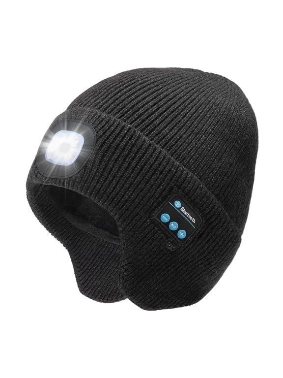 Fleece Lined Bluetooth Beanies for Men, Stocking Gift for Him Dad Mens Headlamp with Wireless Headphones and Earflaps, Cool Gadgets for Cold Outdoor (Black)