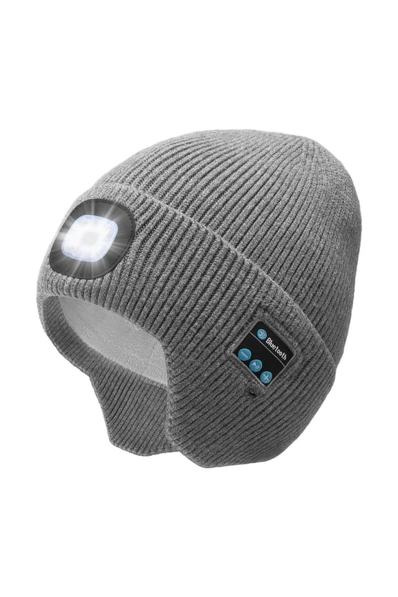Fleece Lined Bluetooth Beanies for Men, Stocking Gift for Him Dad Mens Headlamp with Wireless Headphones and Earflaps, Cool Gadgets for Cold Outdoor (Gray)