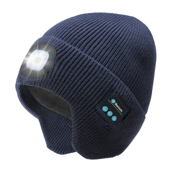 CENSGO Fleece Lined Bluetooth Beanies for Men, Stocking Gift for Him Dad Mens Headlamp with Wireless Headphones and Earflaps, Cool Gadgets for Cold Outdoor (Navy Blue)
