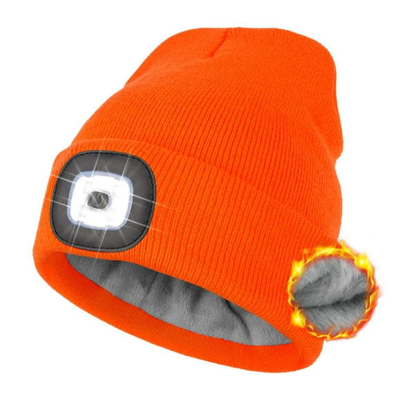 CENSGO Fleece Lined LED Beanie Headlamp Hat with Light, Rechargeable LED Winter Cap, Gifts for Men Women Husband (Orange)