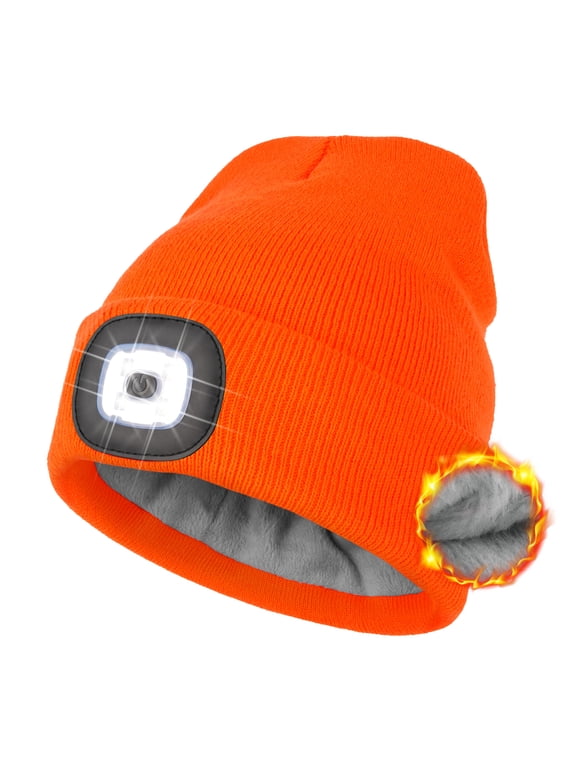 Fleece Lined LED Beanie Headlamp Hat with Light, Rechargeable LED Winter Cap, Gifts for Men Women Husband (Orange)