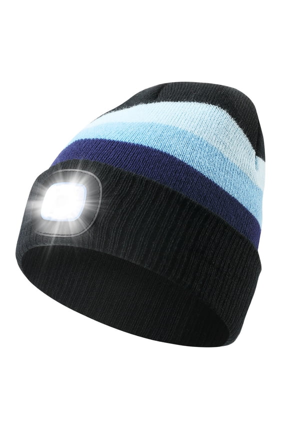 Hat with Light, Warm Winter Flashlight Cap with USB Rechargeable, Headlamp Beanie Unisex Gift for Men Women (Black/Blue stripes)