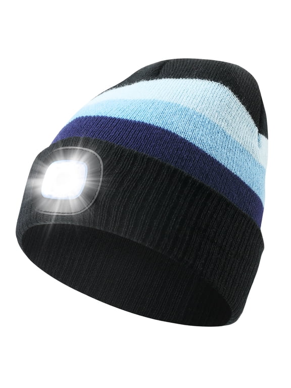 Hat with Light, Warm Winter Flashlight Cap with USB Rechargeable, Headlamp Beanie Unisex Gift for Men Women (Black/Blue stripes)