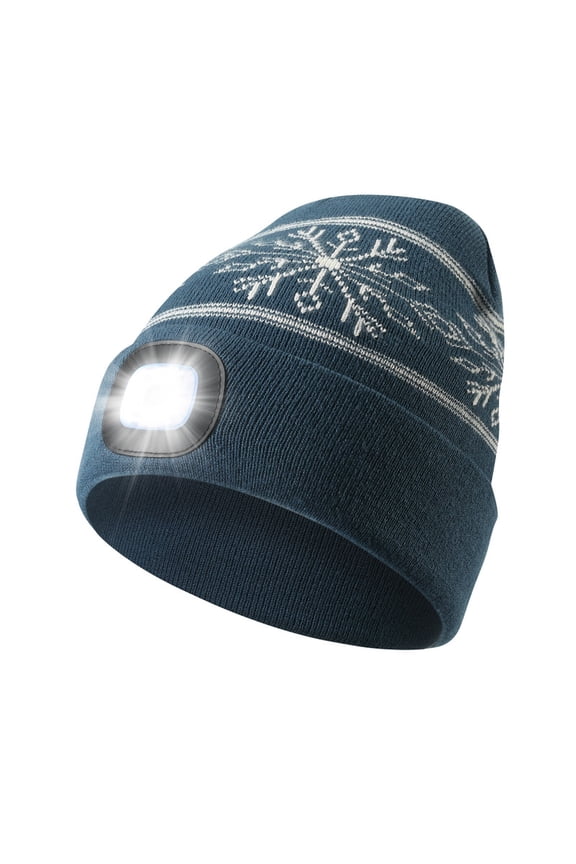 Hat with Light, Warm Winter Flashlight Cap with USB Rechargeable, Headlamp Beanie Unisex Gift for Men Women (Blue Snowflake)