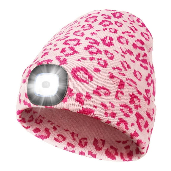 CENSGO Hat with Light, Warm Winter Flashlight Cap with USB Rechargeable, Headlamp Beanie Unisex Gift for Men Women (Pink Leopard)