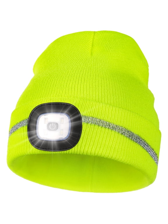 LED Beanie with Reflective Stripes, Safety High Visibility Winter Hat with Light for Outdoor Work Sports Gifts for Men Dad (Fluorescent Yellow)