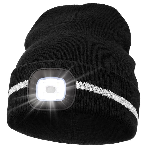 CENSGO LED Beanie with Reflective Stripes, Safety High Visibility Winter Hat with Light for Outdoor Work Sports Gifts for Men Dad (Black)