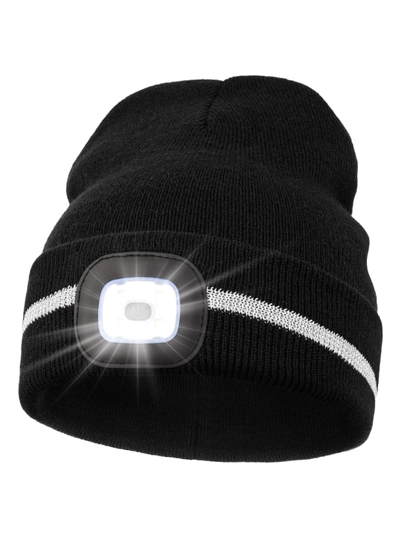 LED Beanie with Reflective Stripes, Safety High Visibility Winter Hat with Light for Outdoor Work Sports Gifts for Men Dad (Black)