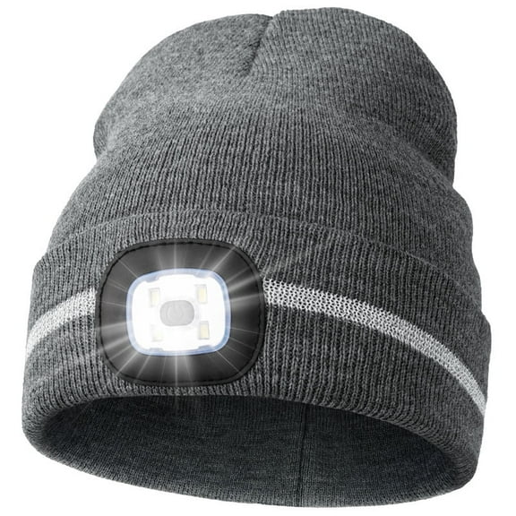 CENSGO LED Beanie with Reflective Stripes, Safety High Visibility Winter Hat with Light for Outdoor Work Sports Gifts for Men Dad (Gray)