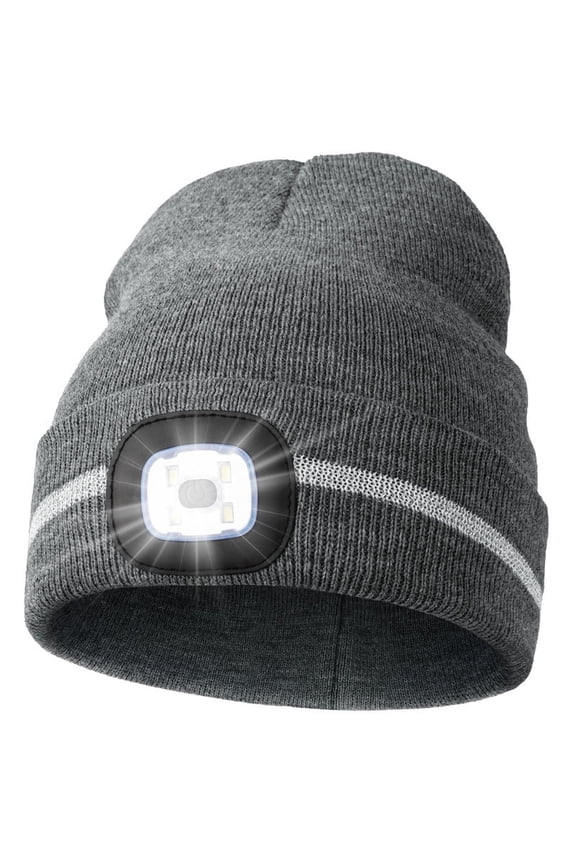 LED Beanie with Reflective Stripes, Safety High Visibility Winter Hat with Light for Outdoor Work Sports Gifts for Men Dad (Gray)