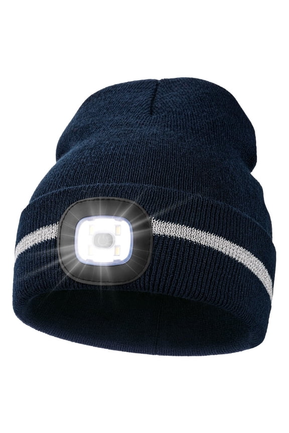 LED Beanie with Reflective Stripes, Safety High Visibility Winter Hat with Light for Outdoor Work Sports Gifts for Men Dad (Navy Blue)