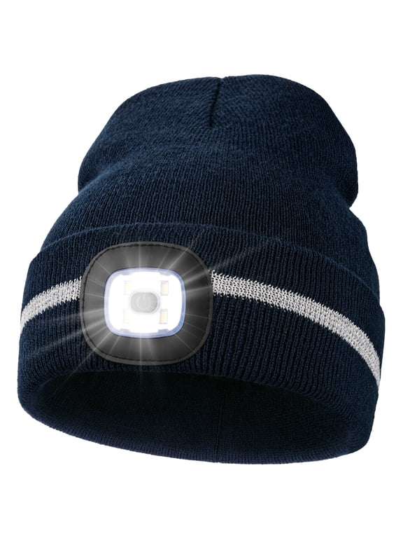 LED Beanie with Reflective Stripes, Safety High Visibility Winter Hat with Light for Outdoor Work Sports Gifts for Men Dad (Navy Blue)