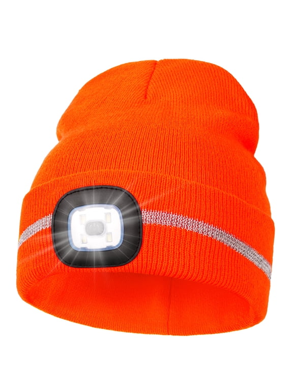LED Beanie with Reflective Stripes, Safety High Visibility Winter Hat with Light for Outdoor Work Sports Gifts for Men Dad (Orange)