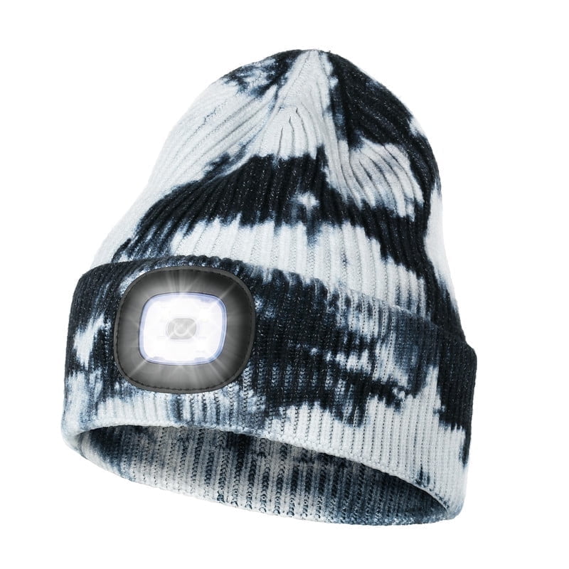 CENSGO Beanie with a Light, Unisex USB Rechargeable LED Beanie, Lighted Knitted Cap Ideal Gifts for Men Women Black Tie Dye