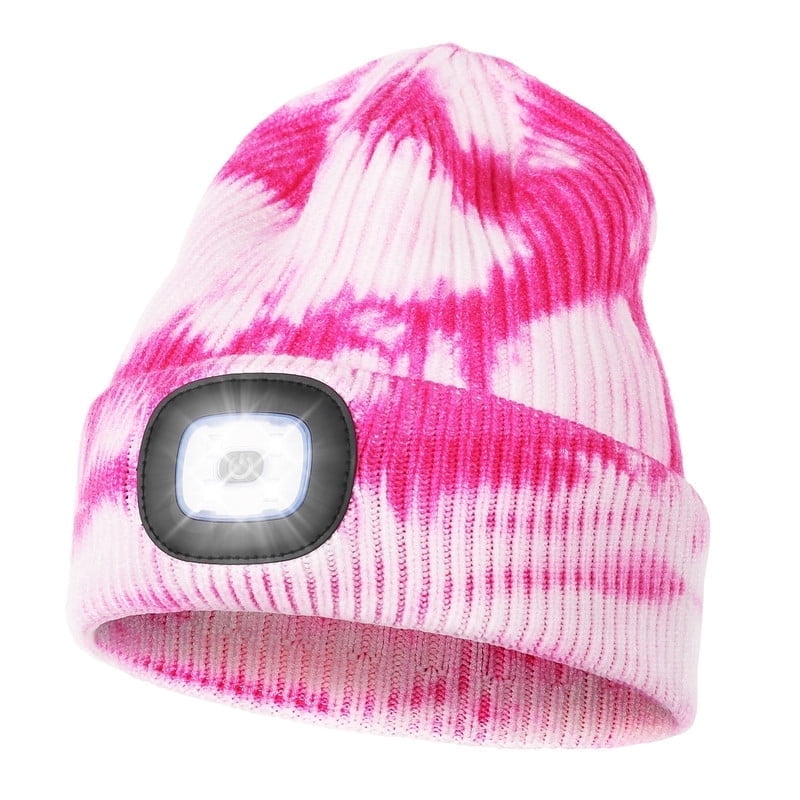 CENSGO Beanie with a Light, Unisex USB Rechargeable LED Beanie, Lighted Knitted Cap Ideal Gifts for Men Women Pink Tie Dye