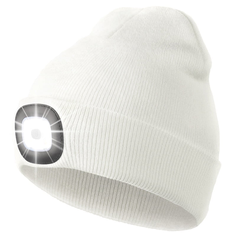 CENSGO Beanie with a Light, Unisex USB Rechargeable LED Beanie, Lighted Knitted Cap Ideal Gifts for Men Women White