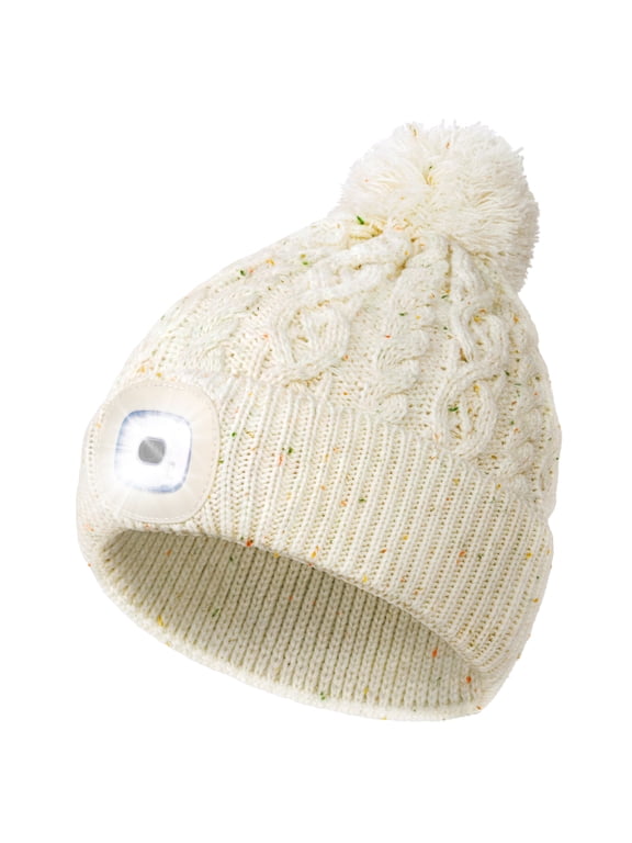 Unisex LED Beanie with Pom-Pom, USB Rechargeable Twist Knitted Hat with Light, Stocking Cap Stuffers Gifts for Men Women (Beige)