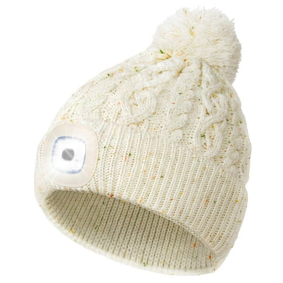 CENSGO Unisex LED Beanie with Pom-Pom, USB Rechargeable Twist Knitted Hat with Light, Stocking Cap Stuffers Gifts for Men Women (Beige)