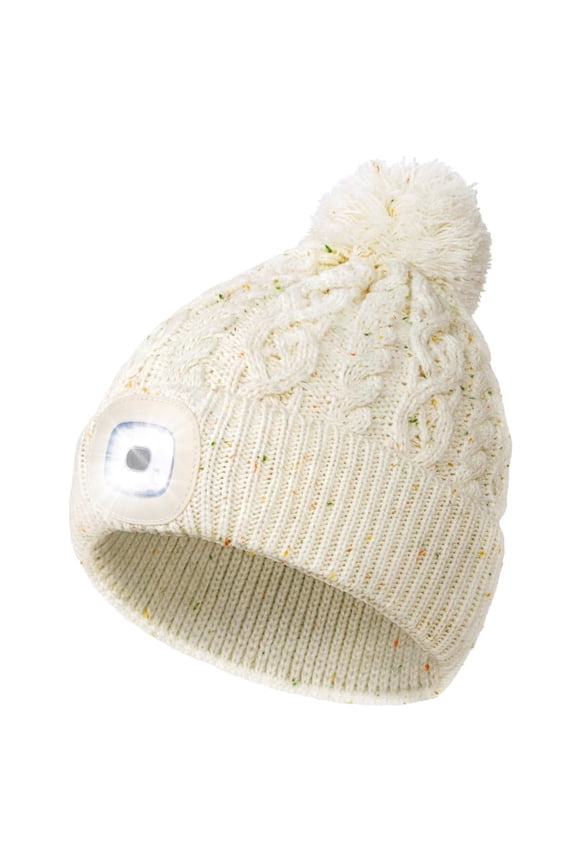 Unisex LED Beanie with Pom-Pom, USB Rechargeable Twist Knitted Hat with Light, Stocking Cap Stuffers Gifts for Men Women (Beige)