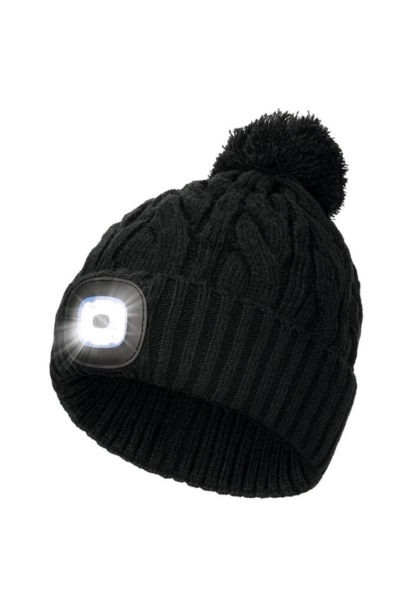 Unisex LED Beanie with Pom-Pom, USB Rechargeable Twist Knitted Hat with Light, Stocking Cap Stuffers Gifts for Men Women (Black)