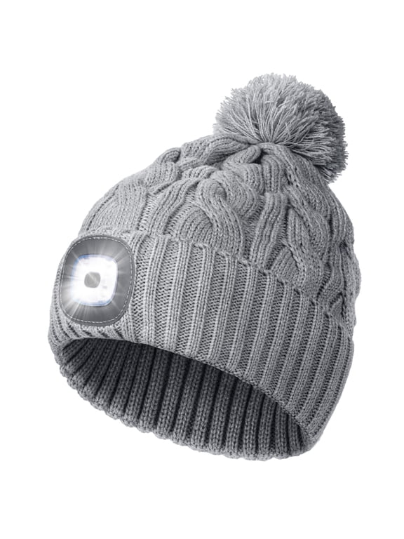 Unisex LED Beanie with Pom-Pom, USB Rechargeable Twist Knitted Hat with Light, Stocking Cap Stuffers Gifts for Men Women (Gray)