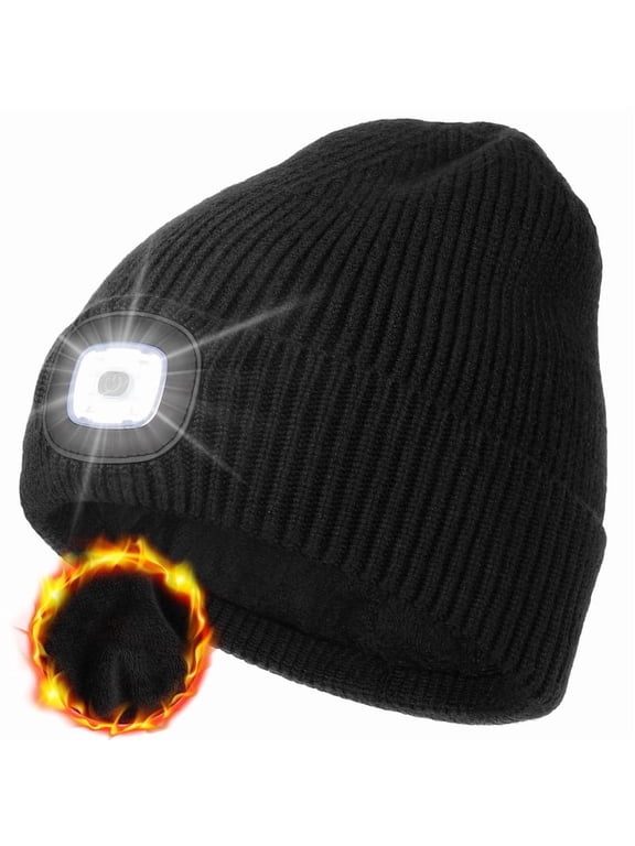Warm Fleece Lined Beanie with a Light, USB Rechargeable Hand Free Light Winter Hat with Light Built in, Gifts for Men Dad Husband Him(Black)