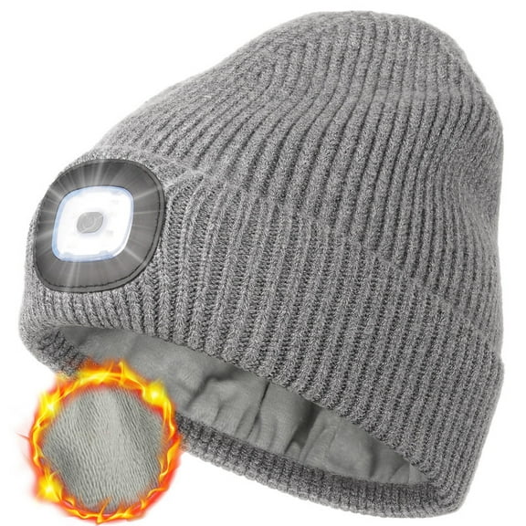 CENSGO Warm Fleece Lined Beanie with a Light, USB Rechargeable Hand Free Light Winter Hat with Light Built in, Gifts for Men Dad Husband Him(Gray)
