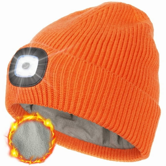 CENSGO Warm Fleece Lined Beanie with a Light, USB Rechargeable Hand Free Light Winter Hat with Light Built in, Gifts for Men Dad Husband Him(Orange)