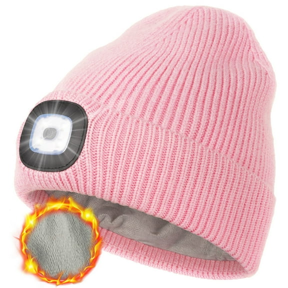 CENSGO Warm Fleece Lined Beanie with a Light, USB Rechargeable Hand Free Light Winter Hat with Light Built in, Gifts for Men Dad Husband Him(Pink)