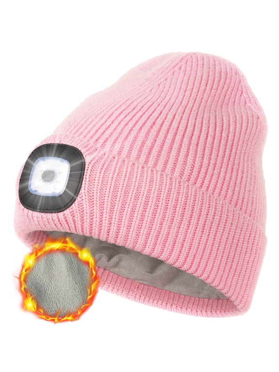 Warm Fleece Lined Beanie with a Light, USB Rechargeable Hand Free Light Winter Hat with Light Built in, Gifts for Men Dad Husband Him(Pink)