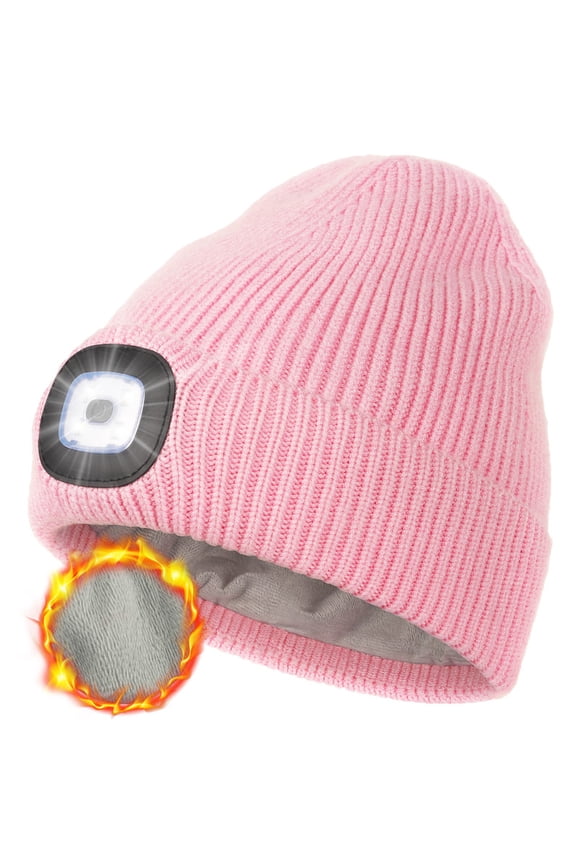 Warm Fleece Lined Beanie with a Light, USB Rechargeable Hand Free Light Winter Hat with Light Built in, Gifts for Men Dad Husband Him(Pink)