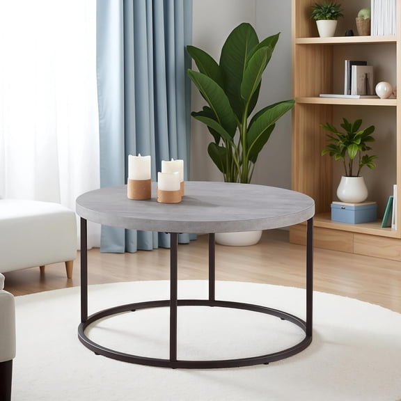 CENSI 31.5" Round Coffee Table, Concrete Grey Cocktail Table for Living Room, Modern Faux Stone Center Table with Sturdy Metal Legs, Thick 1.4" Scratch-Resistant Wood Top