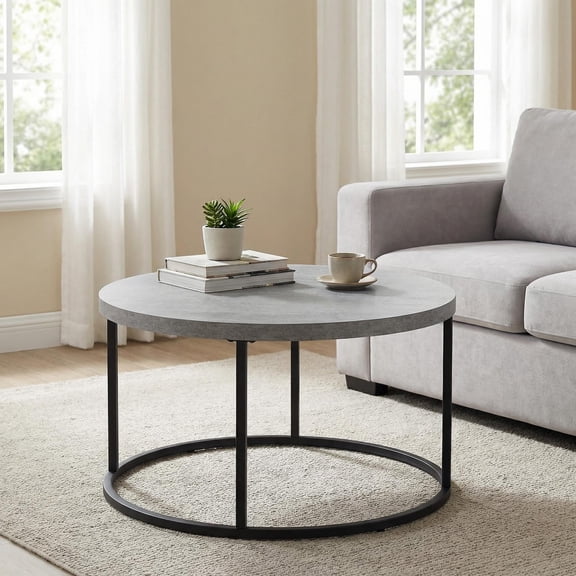 CENSI 31.5" Round Coffee Table, Industrial Concrete Grey Cocktail Table for Living Room, Modern Faux Stone Center Table with Sturdy Metal Legs, Thick 1.4" Scratch-Resistant Wood Top