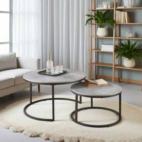 CENSI Round Nesting Coffee Table Set of 2, 31.5" Modern Industrial Center Tables for Living Room, Grey Marble Concrete Wood Finish with Black Metal Frame, Stacking Circle Accent Furniture