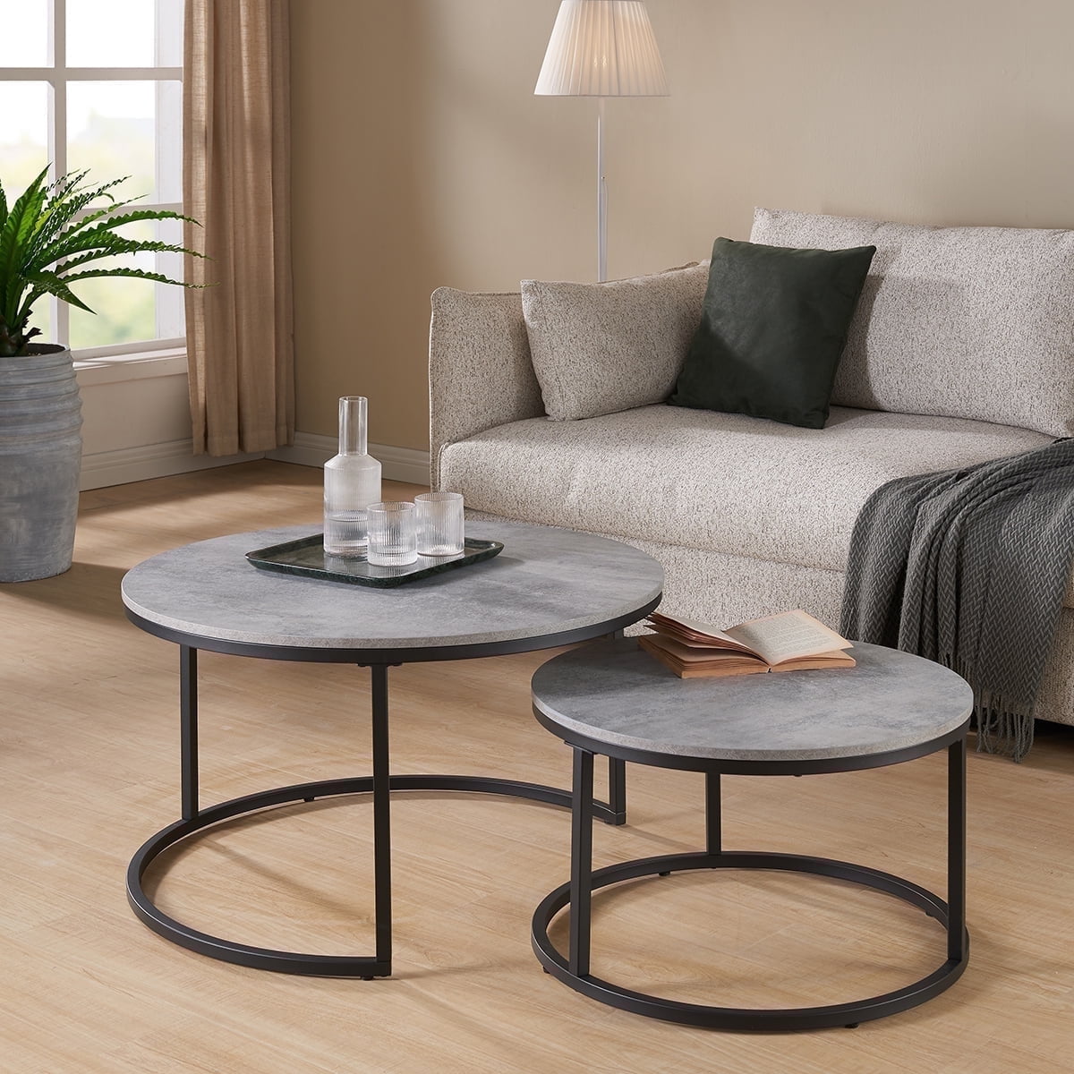 Gray Marble and Wood Round Nesting Coffee Table Set