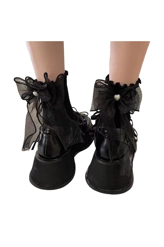 Women Day Tie Mesh Bow Socks Girly Style Cute Pile Socks Black