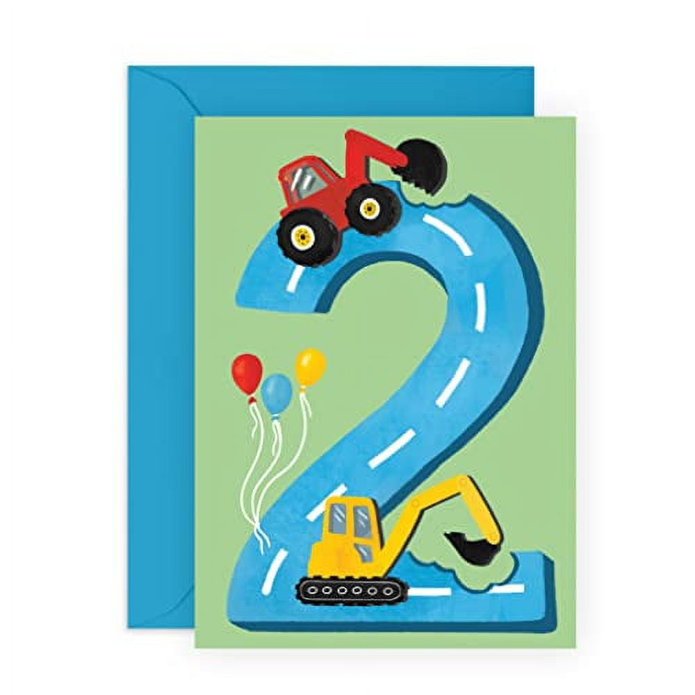 CENTRAL 23 Second Birthday Card for Boys - Happy 2nd Birthday - Age 2 - Two Year Old - Tractors Greeting Card - Fun Construction Vehicle Themed Card for Kids - Son, Grandson, Toddler