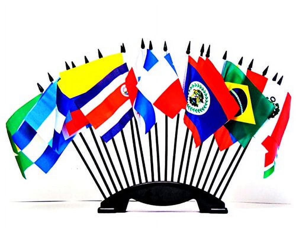 CENTRAL and SOUTH AMERICA WORLD FLAG SET with BASE--20 Polyester 4"x6" Flags, One Flag for Each Country in Latin America, 4x6 Miniature Desk & Table Flags, Small Mini Stick Flags