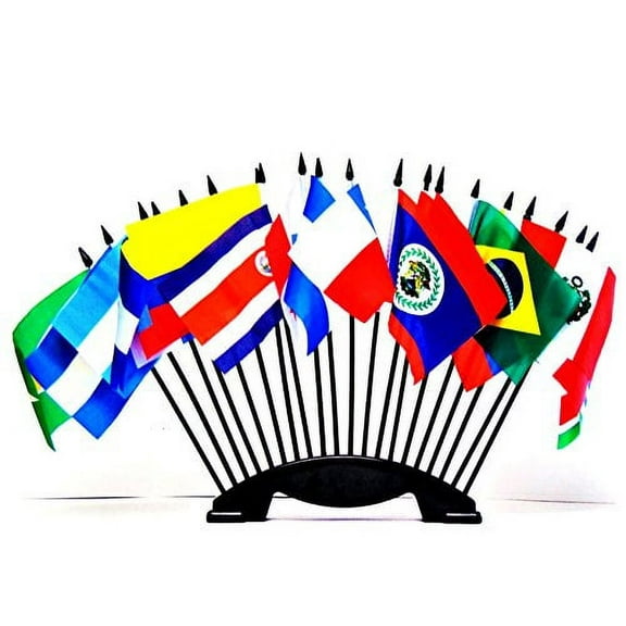 CENTRAL and SOUTH AMERICA WORLD FLAG SET with BASE--20 Polyester 4"x6" Flags, One Flag for Each Country in Latin America, 4x6 Miniature Desk & Table Flags, Small Mini Stick Flags