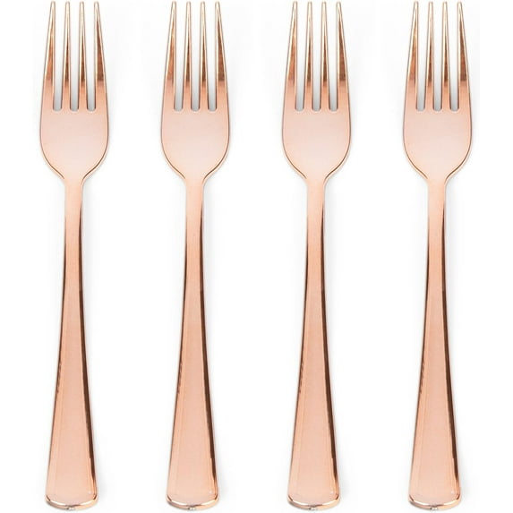 CENTRE Set of 100 Rose Gold Plastic Forks Disposable - 7-in Heavy-Duty Fork Flatware - Bulk Pack Fancy Silverware - Sturdy Pink Cutlery for Weddings, Birthday Parties, Buffets, Catering and Events