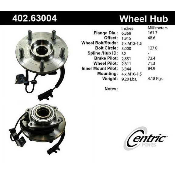 CENTRIC PARTS - HUB ASSEMBLY Fits select: 2008-2011 CHRYSLER TOWN & COUNTRY, 2008-2011 DODGE GRAND CARAVAN