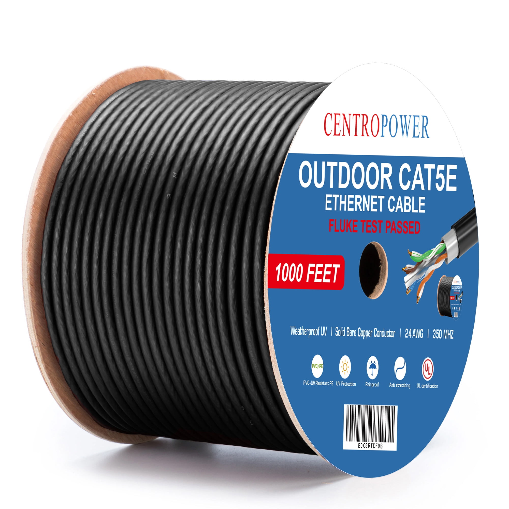CENTROPOWER Cat5e Cable 1000ft Outdoor，24AWG Solid Bare Copper , 350MHz ...