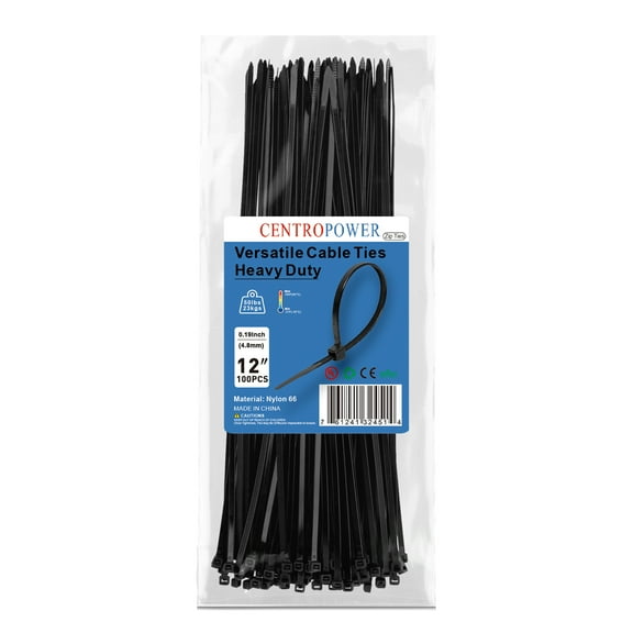 CENTROPOWER Heavy Duty Black Zip Ties 12 Inch - 1000 Pack | 50lbs Tensile Strength | Quality Nylon Material | UL Listed | Perfect for Indoor & Outdoor Use