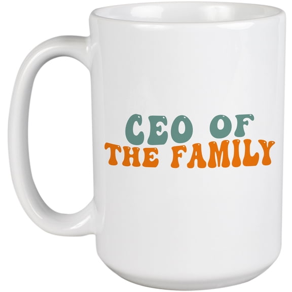 CEO of the Family, Chief Executive Officer or Entrepreneur Quote, Groovy Retro Wavy Text Merch Gift, White 15oz Ceramic Mug