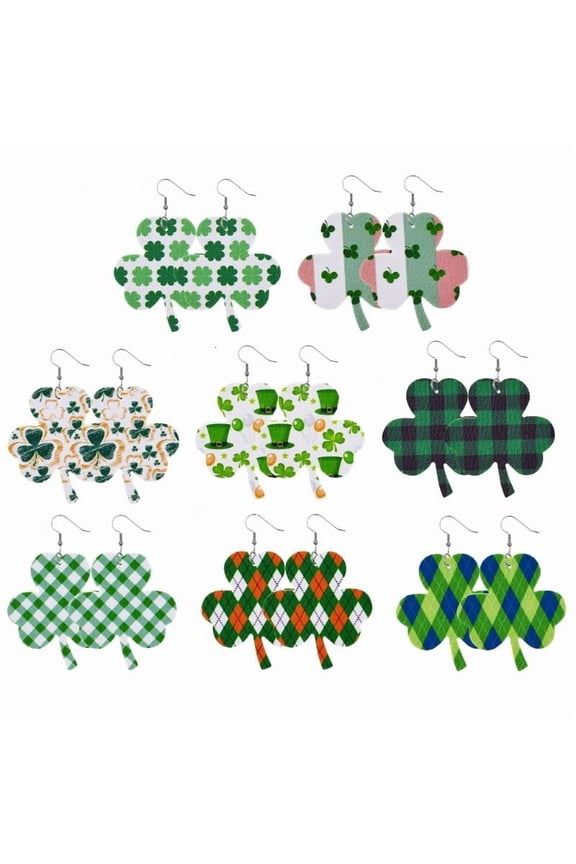 8Pairs Irish Shamrock Dangle Earring Clover-Pendant Hook Earring Patricks