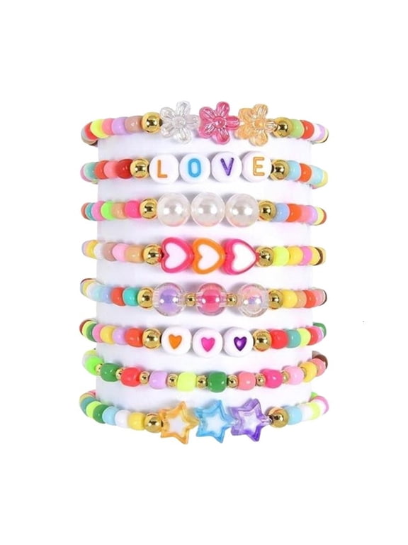 8Pieces Rainbow Beaded Bracelet Handmade Adjustable Jewelry for Women Teens