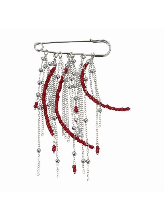 Innovative Multi Chain Design Brooch Red Bead Tassels Retro Fashion Badge Pin