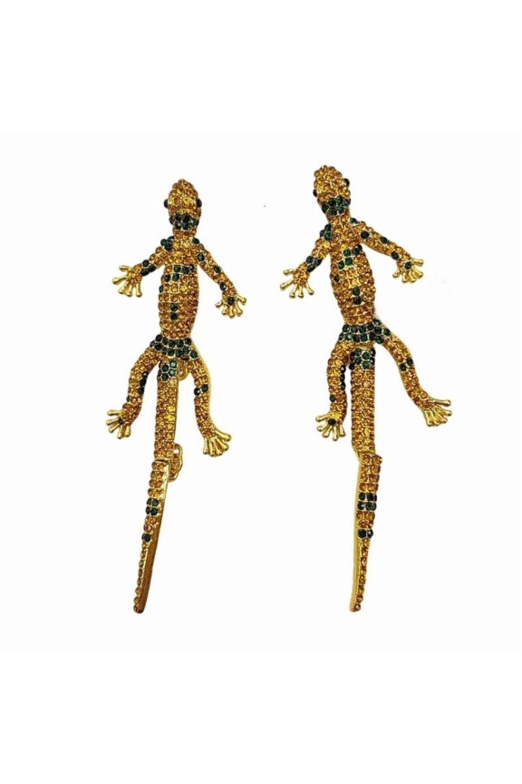 Stylish Gold And Green Geckos Dangle Earrings Fashion Jewelry 9cm Length